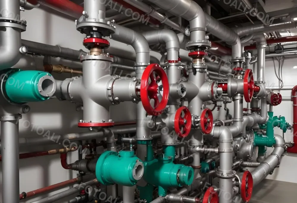 A Complex Network Of Pipes Valves And Pumps With Red Handles And Green Pumps In An Industrial Setting Showcasing The Intricate Plumbing System 21 5a92