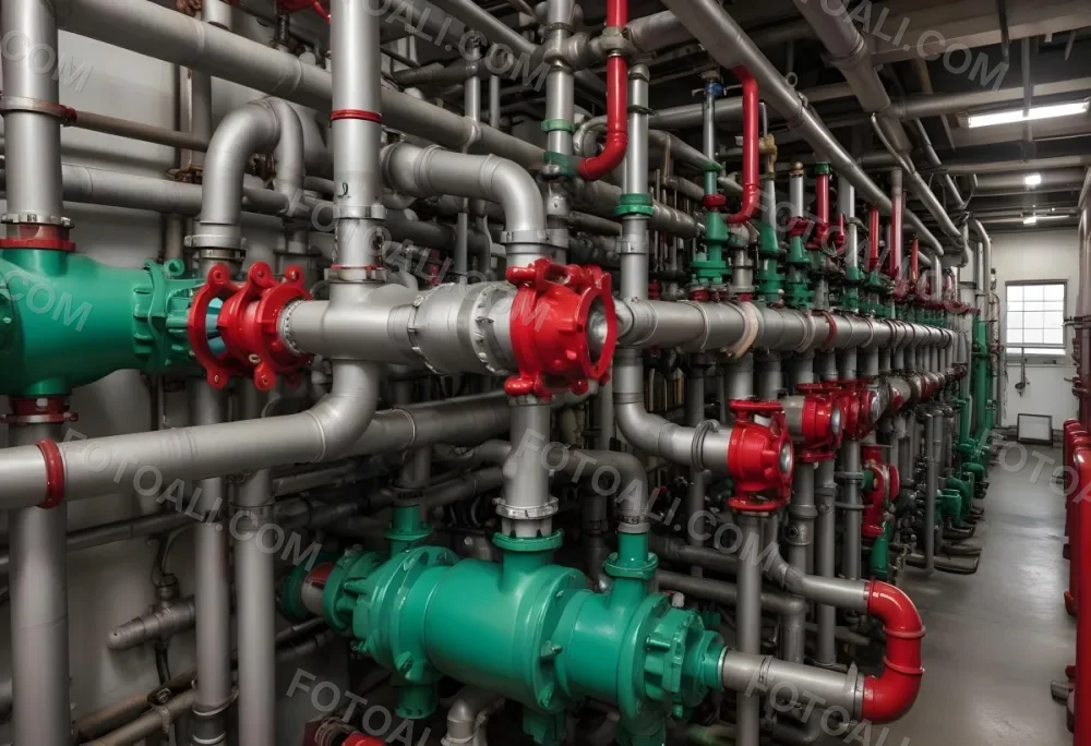 A Complex Network Of Pipes Valves And Pumps With Red Handles And Green Pumps In An Industrial Setting Showcasing The Intricate Plumbing System 3 Aee2