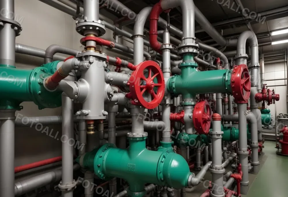 A Complex Network Of Pipes Valves And Pumps With Red Handles And Green Pumps In An Industrial Setting Showcasing The Intricate Plumbing System 7 B8dc
