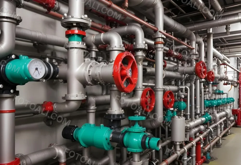 A Complex Network Of Pipes Valves And Pumps With Red Handles And Green Pumps In An Industrial Setting Showcasing The Intricate Plumbing System 8 Cfa9