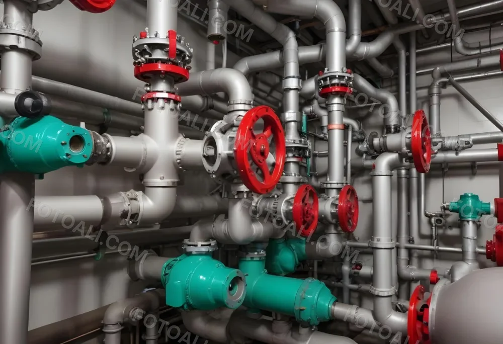 A Complex Network Of Pipes Valves And Pumps With Red Handles And Green Pumps In An Industrial Setting Showcasing The Intricate Plumbing System 9 8f8e