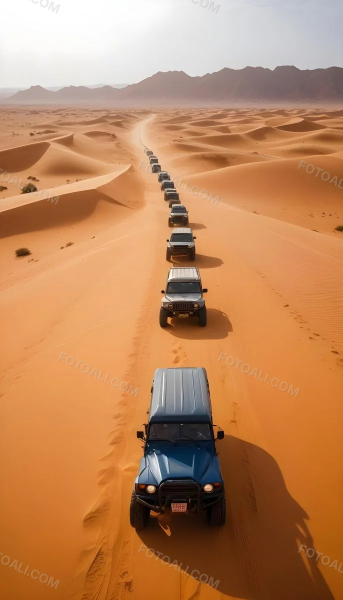 A Convoy Of Off Road Vehicles Driving Through A Vast Sandy Desert Landscape With Rolling Dunes 1 4886