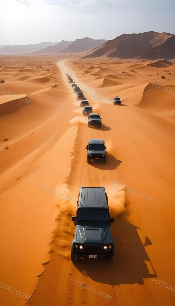 A Convoy Of Off Road Vehicles Driving Through A Vast Sandy Desert Landscape With Rolling Dunes 10 Bb32