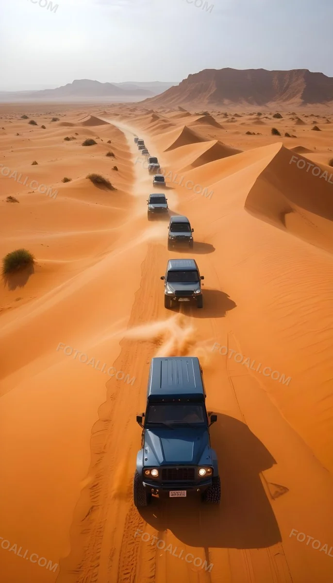 A Convoy Of Off Road Vehicles Driving Through A Vast Sandy Desert Landscape With Rolling Dunes 11 C171