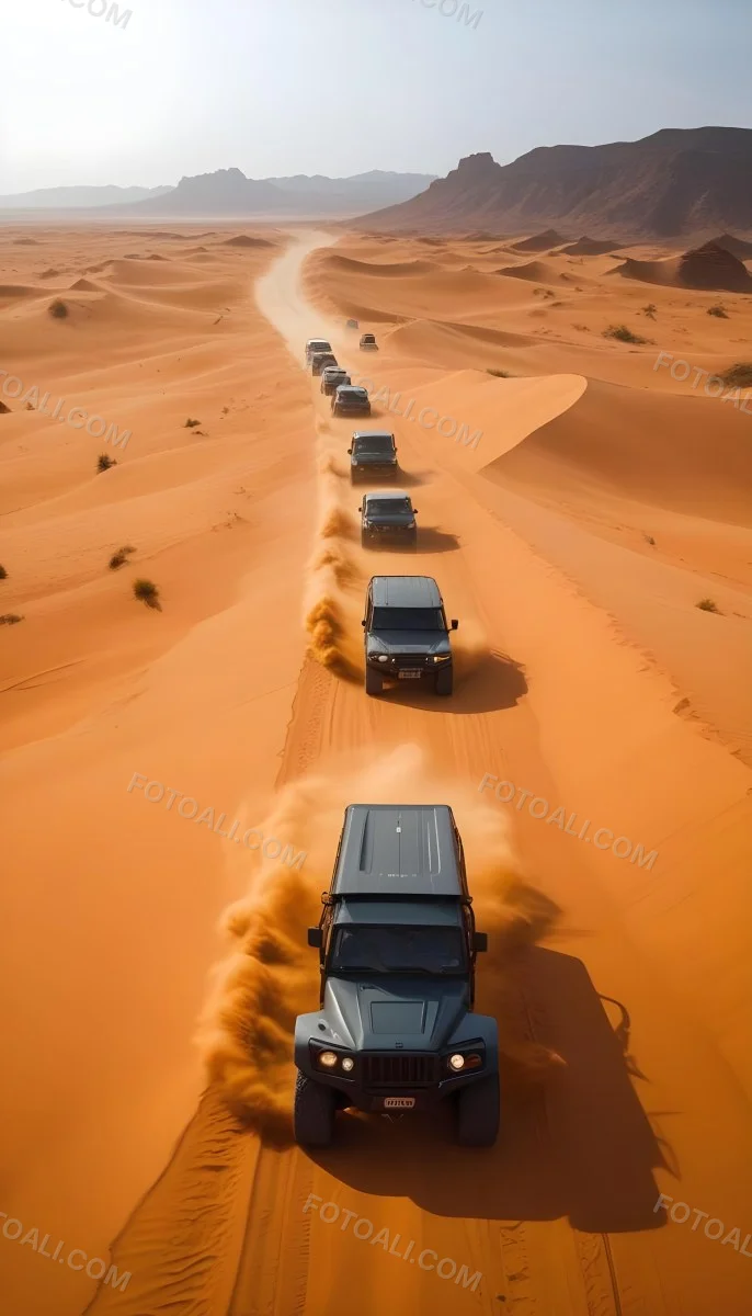 A Convoy Of Off Road Vehicles Driving Through A Vast Sandy Desert Landscape With Rolling Dunes 14 B158