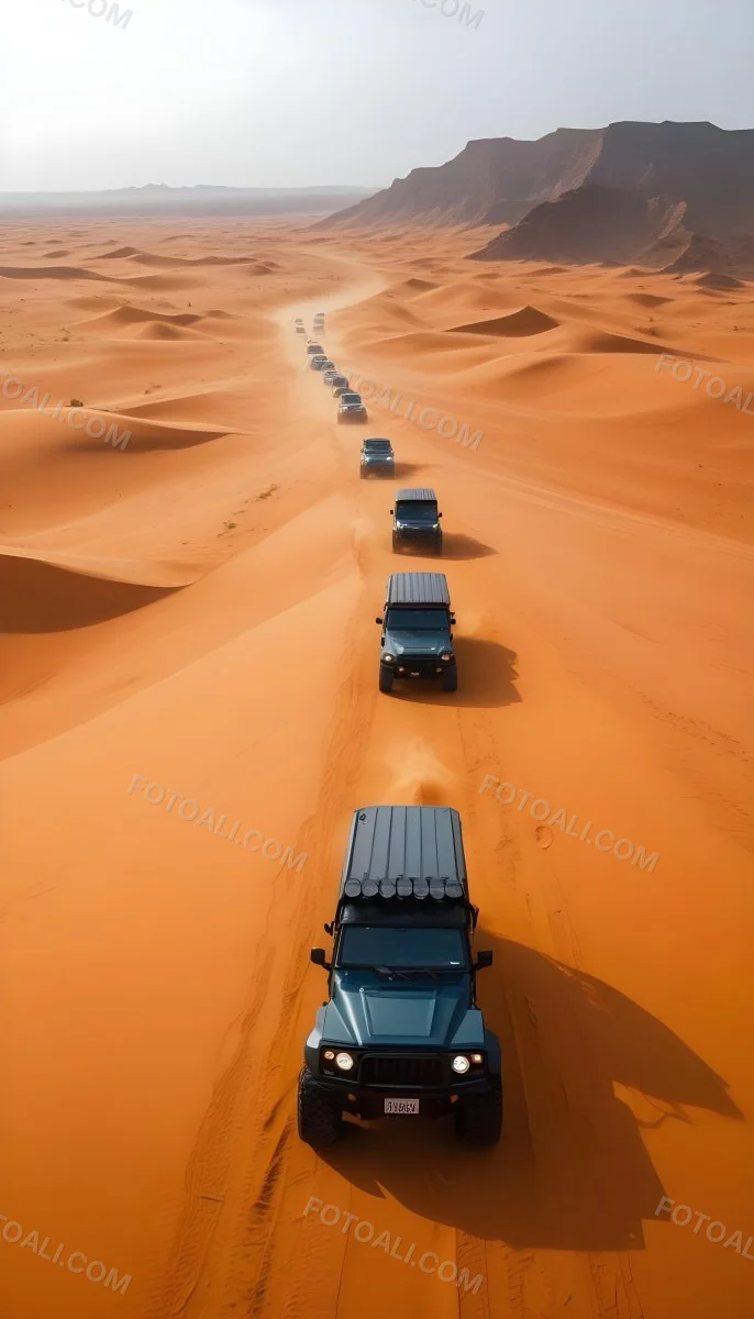 A Convoy Of Off Road Vehicles Driving Through A Vast Sandy Desert Landscape With Rolling Dunes 15 927d