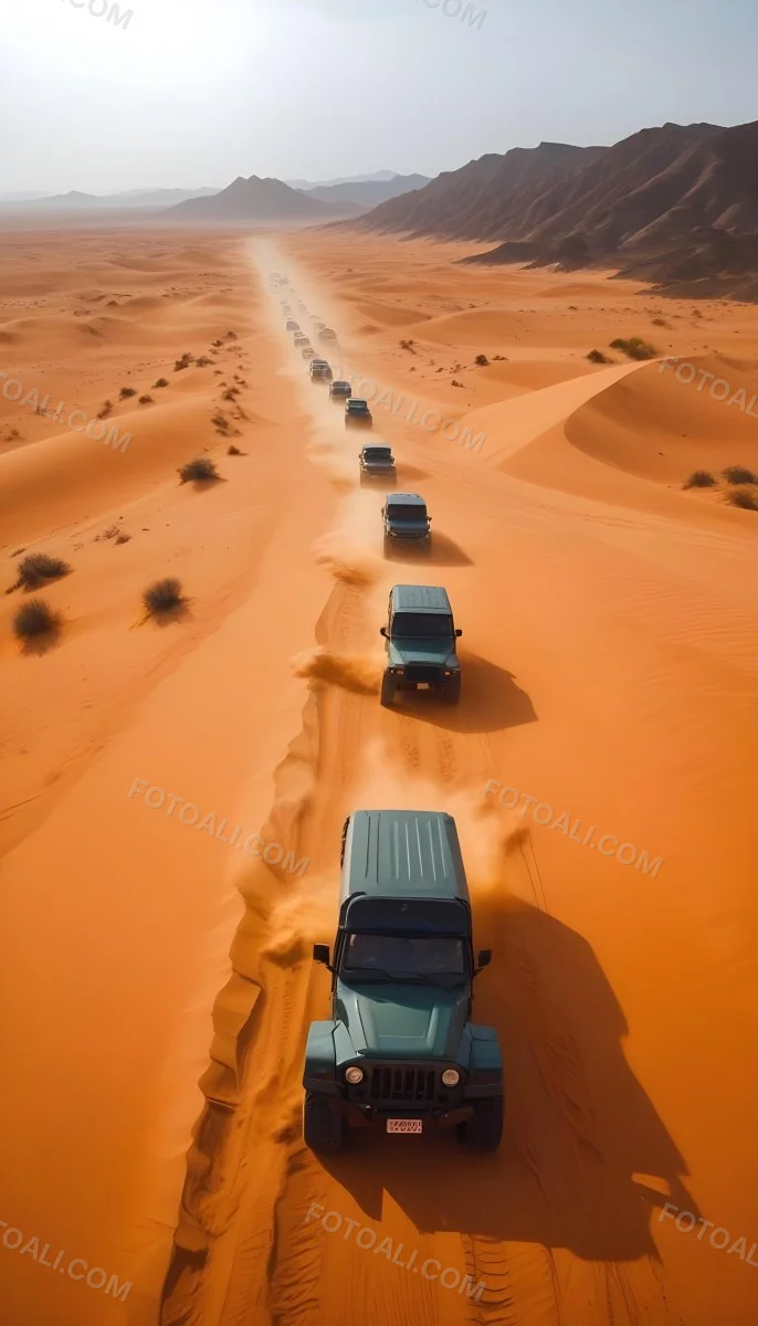 A Convoy Of Off Road Vehicles Driving Through A Vast Sandy Desert Landscape With Rolling Dunes 16 A350