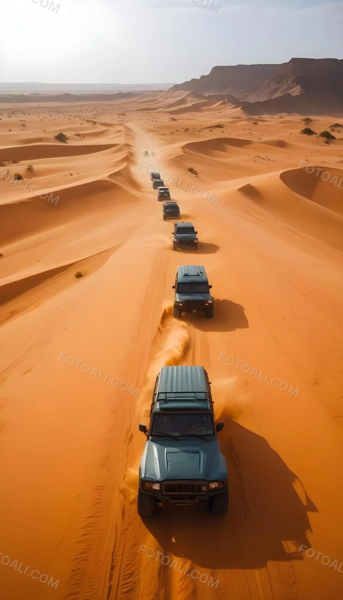 A Convoy Of Off Road Vehicles Driving Through A Vast Sandy Desert Landscape With Rolling Dunes 3 0fbd