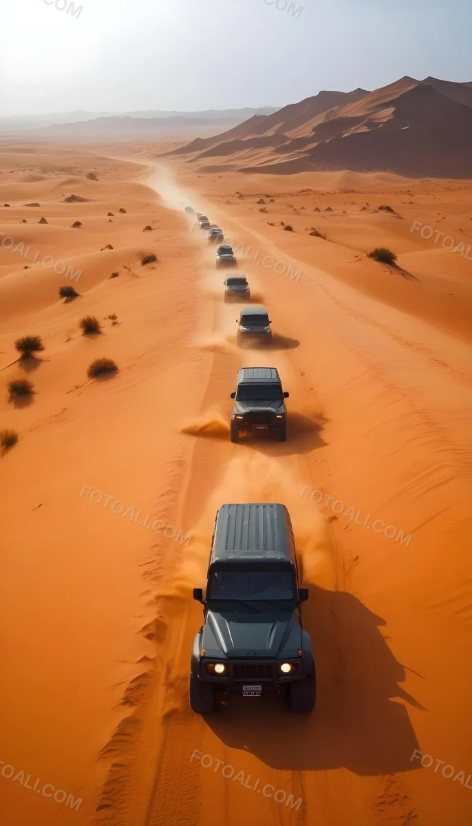 A Convoy Of Off Road Vehicles Driving Through A Vast Sandy Desert Landscape With Rolling Dunes 4 48dd