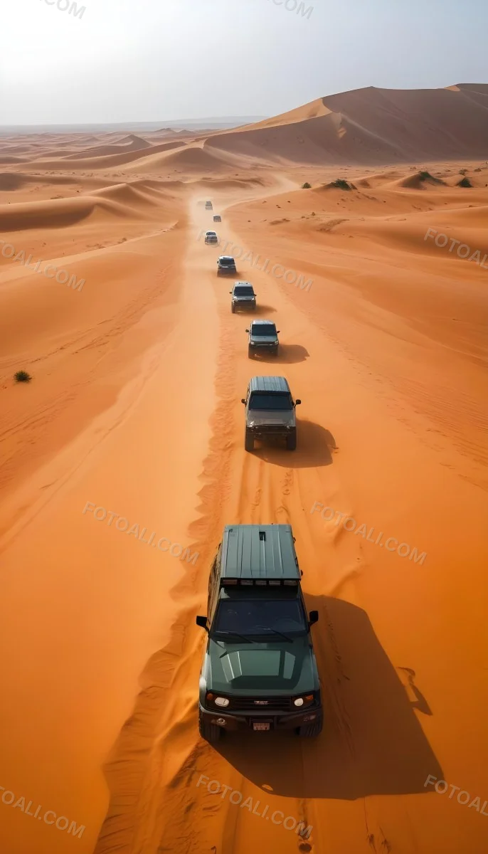 A Convoy Of Off Road Vehicles Driving Through A Vast Sandy Desert Landscape With Rolling Dunes 5 75d1