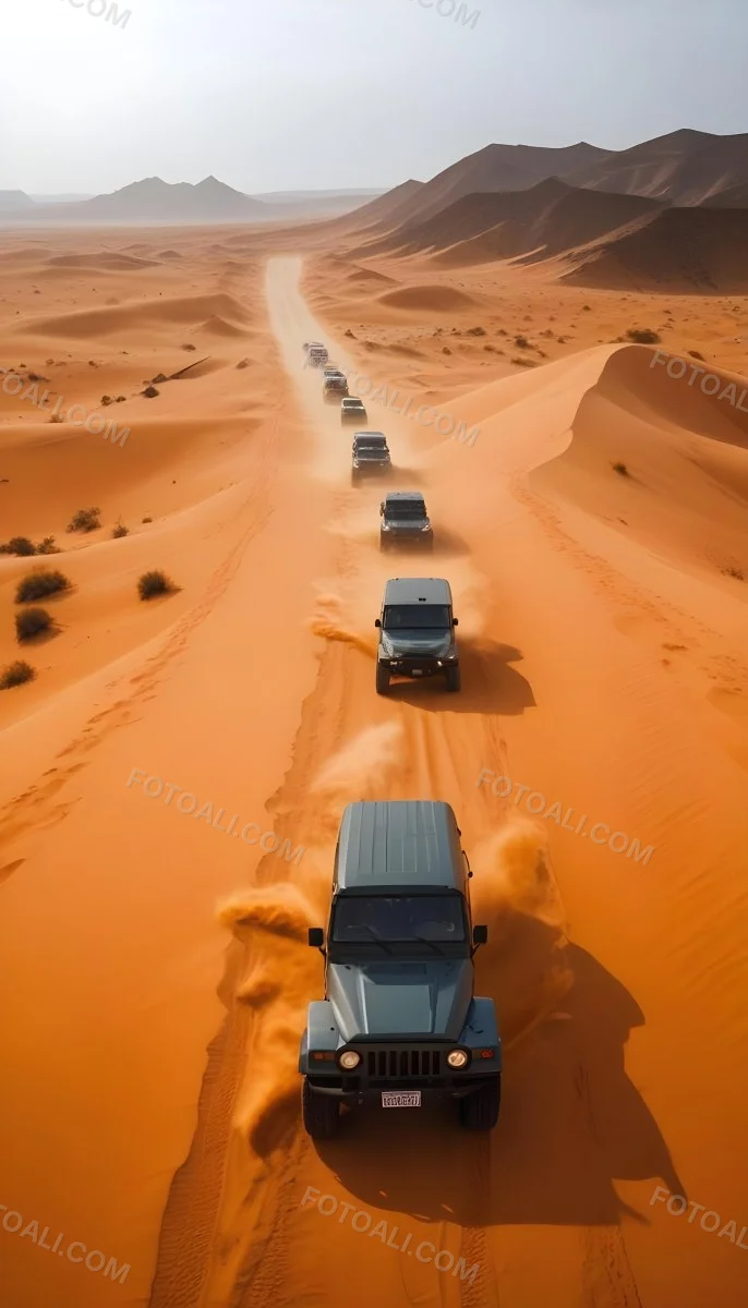 A Convoy Of Off Road Vehicles Driving Through A Vast Sandy Desert Landscape With Rolling Dunes 6 8385