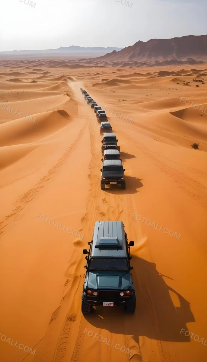 A Convoy Of Off Road Vehicles Driving Through A Vast Sandy Desert Landscape With Rolling Dunes 9 55bd