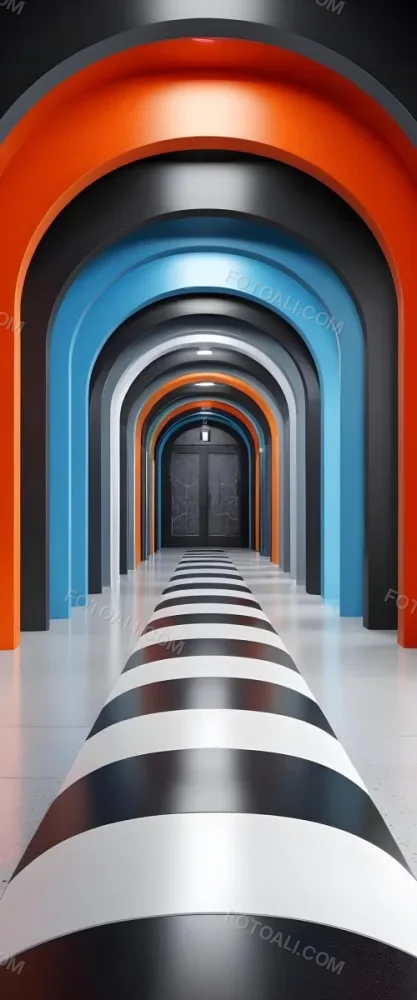 A Corridor With A Series Of Arches In Different Colors The Floor Is White And Gray And The Background Is A Black Door 15 602a