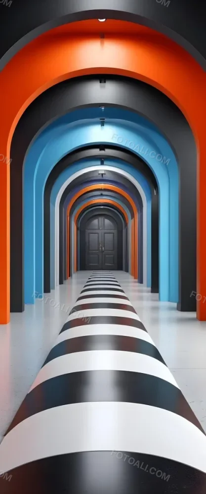 A Corridor With A Series Of Arches In Different Colors The Floor Is White And Gray And The Background Is A Black Door 20 7244