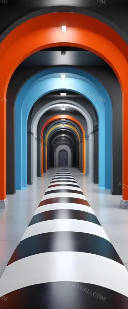 A Corridor With A Series Of Arches In Different Colors The Floor Is White And Gray And The Background Is A Black Door 24 Cb7f
