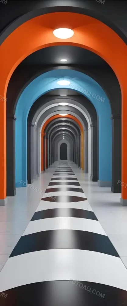 A Corridor With A Series Of Arches In Different Colors The Floor Is White And Gray And The Background Is A Black Door 26 1350