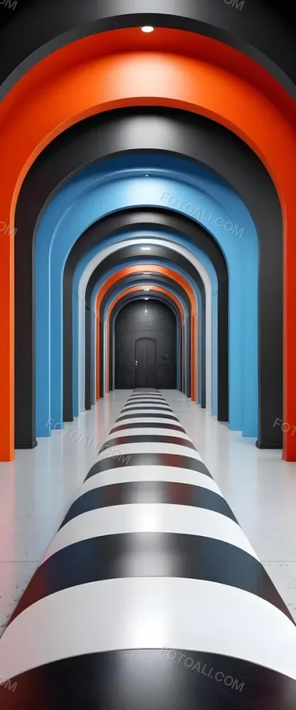 A Corridor With A Series Of Arches In Different Colors The Floor Is White And Gray And The Background Is A Black Door 3 Bbfb