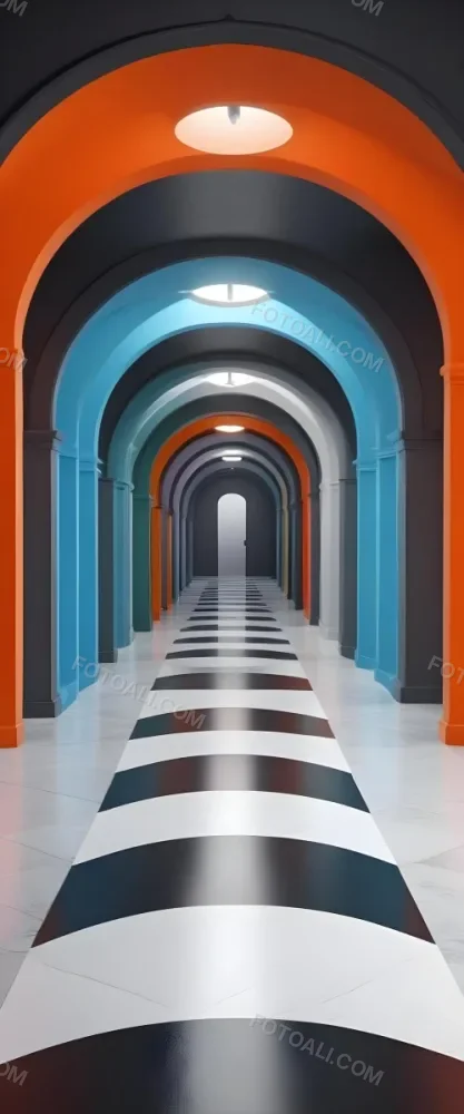 A Corridor With A Series Of Arches In Different Colors The Floor Is White And Gray And The Background Is A Black Door 36 6a5d