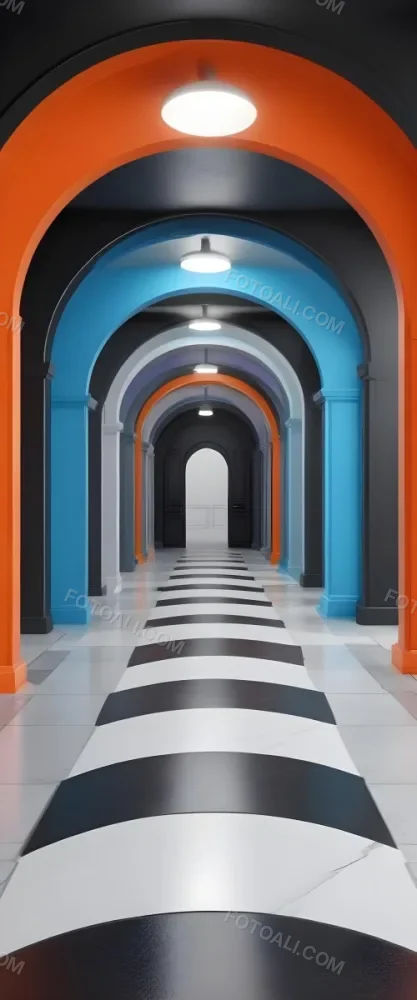 A Corridor With A Series Of Arches In Different Colors The Floor Is White And Gray And The Background Is A Black Door 37 B414