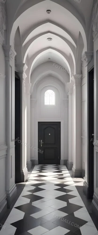 A Corridor With A Series Of Arches In Different Colors The Floor Is White And Gray And The Background Is A Black Door 39 Cfdb
