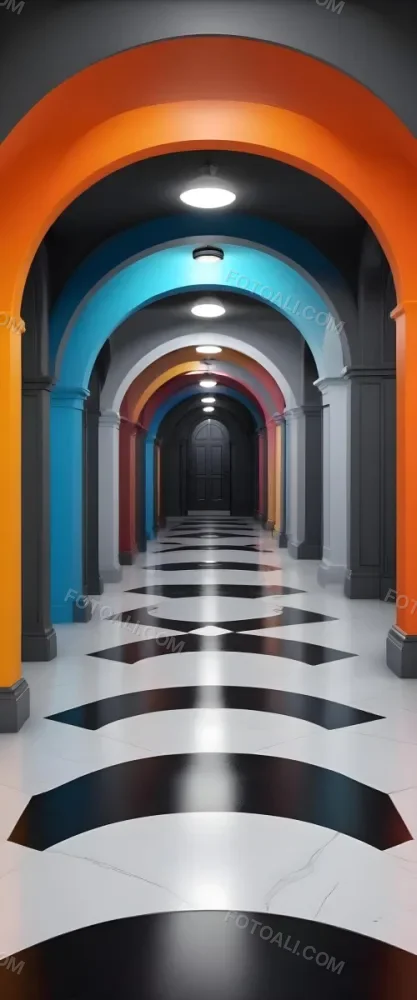 A Corridor With A Series Of Arches In Different Colors The Floor Is White And Gray And The Background Is A Black Door 4 7da7