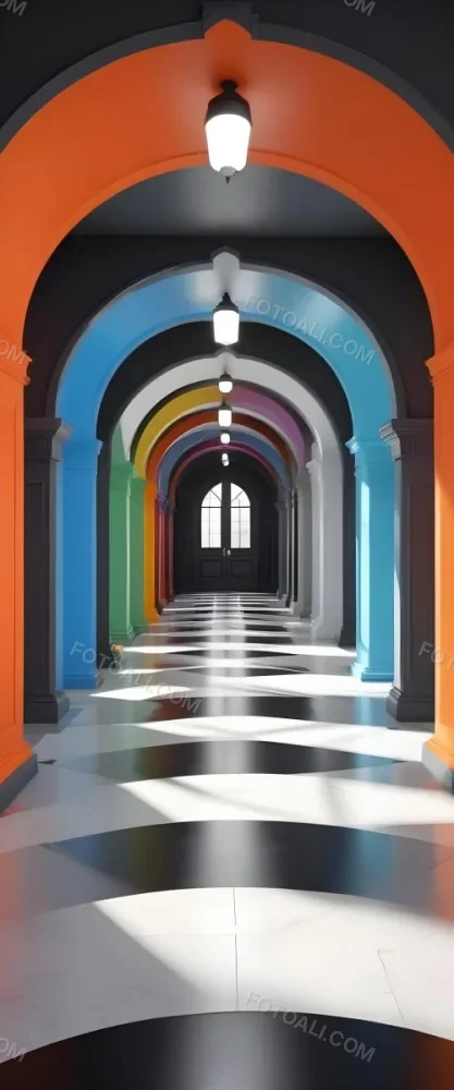 A Corridor With A Series Of Arches In Different Colors The Floor Is White And Gray And The Background Is A Black Door 41 7e1d