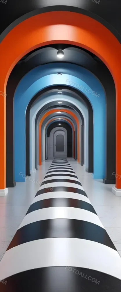 A Corridor With A Series Of Arches In Different Colors The Floor Is White And Gray And The Background Is A Black Door 42 4a07