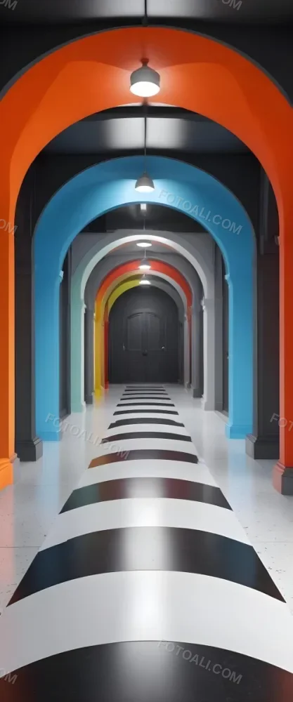 A Corridor With A Series Of Arches In Different Colors The Floor Is White And Gray And The Background Is A Black Door 5 1baa
