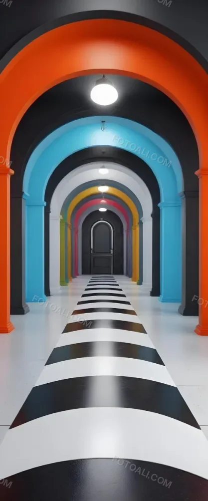 A Corridor With A Series Of Arches In Different Colors The Floor Is White And Gray And The Background Is A Black Door 6 F6eb