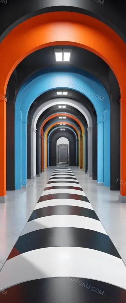 A Corridor With A Series Of Arches In Different Colors The Floor Is White And Gray And The Background Is A Black Door 9 8305
