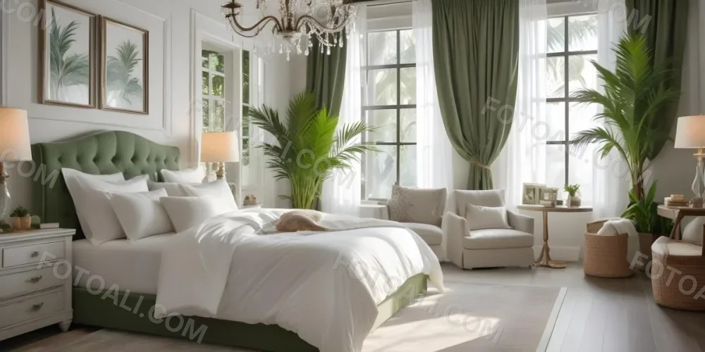 A Cozy And Elegant Bedroom With A Large Bed Plush White Bedding And A Green Palm Plant In The Corner The Room Has Large Windows With Green Curtains A Crystal Chandelier And A Neutral Color Palette Creating 1 8fba