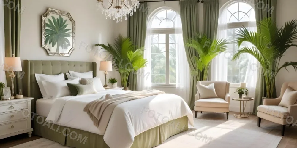 A Cozy And Elegant Bedroom With A Large Bed Plush White Bedding And A Green Palm Plant In The Corner The Room Has Large Windows With Green Curtains A Crystal Chandelier And A Neutral Color Palette Creating 10 Cc8e