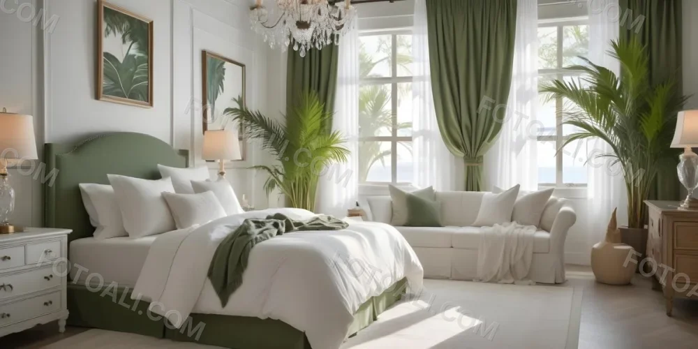 A Cozy And Elegant Bedroom With A Large Bed Plush White Bedding And A Green Palm Plant In The Corner The Room Has Large Windows With Green Curtains A Crystal Chandelier And A Neutral Color Palette Creating 11 92dd