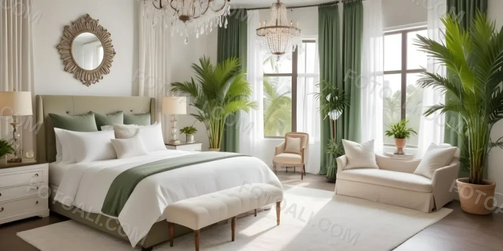 A Cozy And Elegant Bedroom With A Large Bed Plush White Bedding And A Green Palm Plant In The Corner The Room Has Large Windows With Green Curtains A Crystal Chandelier And A Neutral Color Palette Creating 12 3b34