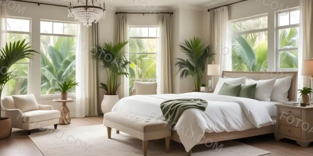 A Cozy And Elegant Bedroom With A Large Bed Plush White Bedding And A Green Palm Plant In The Corner The Room Has Large Windows With Green Curtains A Crystal Chandelier And A Neutral Color Palette Creating 3 7c76
