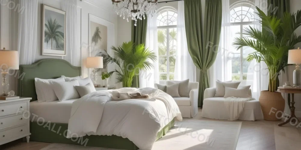 A Cozy And Elegant Bedroom With A Large Bed Plush White Bedding And A Green Palm Plant In The Corner The Room Has Large Windows With Green Curtains A Crystal Chandelier And A Neutral Color Palette Creating 6 Ca0a
