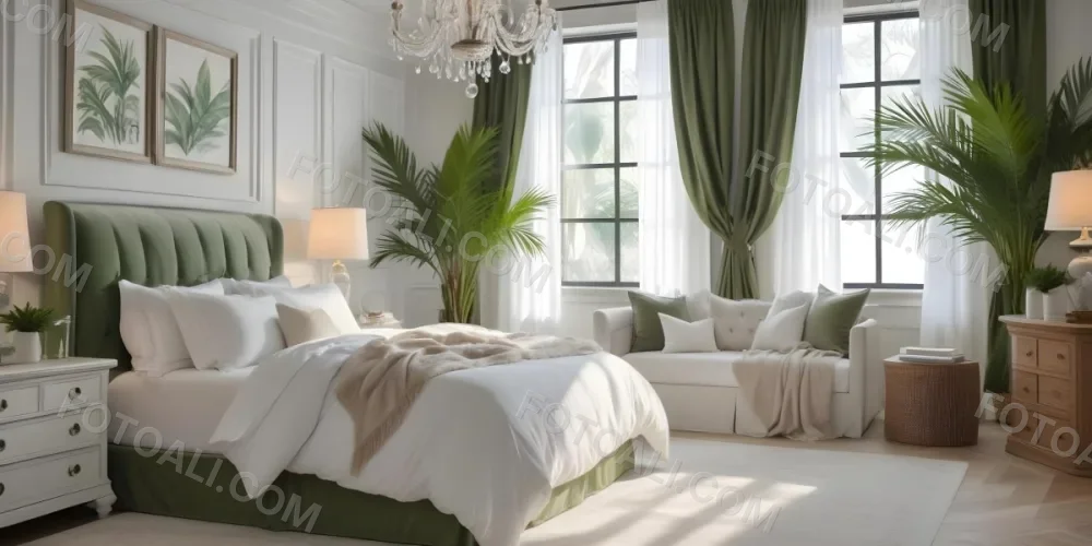 A Cozy And Elegant Bedroom With A Large Bed Plush White Bedding And A Green Palm Plant In The Corner The Room Has Large Windows With Green Curtains A Crystal Chandelier And A Neutral Color Palette Creating 9 377c