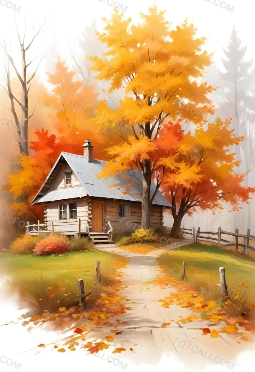 A Cozy Wooden Cabin Nestled Among Vibrant Autumn Trees With Orange And Yellow Leaves A Rustic Wooden Fence And A Winding Path Covered In Fallen Leaves 10 D3b3