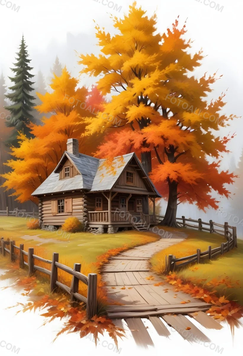 A Cozy Wooden Cabin Nestled Among Vibrant Autumn Trees With Orange And Yellow Leaves A Rustic Wooden Fence And A Winding Path Covered In Fallen Leaves 11 7034