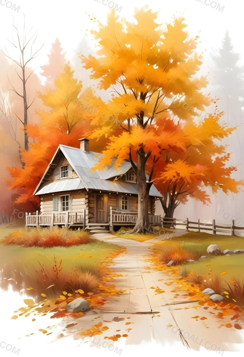 A Cozy Wooden Cabin Nestled Among Vibrant Autumn Trees With Orange And Yellow Leaves A Rustic Wooden Fence And A Winding Path Covered In Fallen Leaves 13 B194