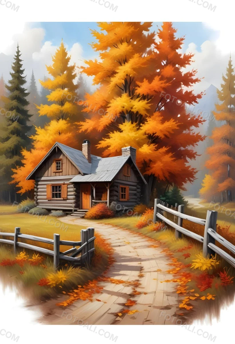 A Cozy Wooden Cabin Nestled Among Vibrant Autumn Trees With Orange And Yellow Leaves A Rustic Wooden Fence And A Winding Path Covered In Fallen Leaves 20 Ecfc