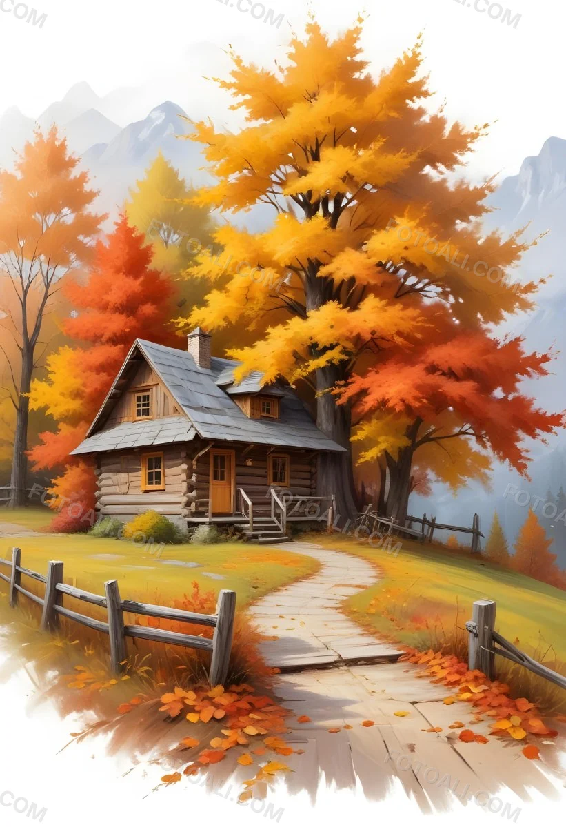 A Cozy Wooden Cabin Nestled Among Vibrant Autumn Trees With Orange And Yellow Leaves A Rustic Wooden Fence And A Winding Path Covered In Fallen Leaves 23 8a8b