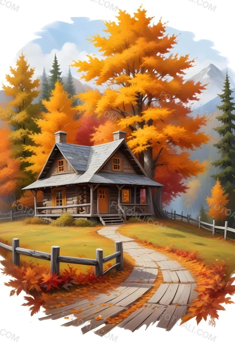 A Cozy Wooden Cabin Nestled Among Vibrant Autumn Trees With Orange And Yellow Leaves A Rustic Wooden Fence And A Winding Path Covered In Fallen Leaves 24 99a0