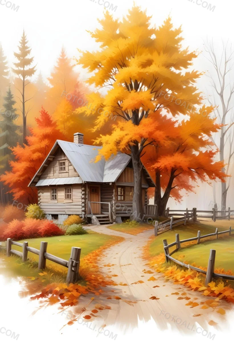 A Cozy Wooden Cabin Nestled Among Vibrant Autumn Trees With Orange And Yellow Leaves A Rustic Wooden Fence And A Winding Path Covered In Fallen Leaves 3 119c