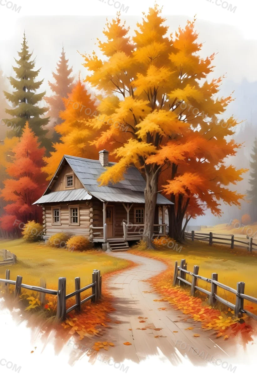 A Cozy Wooden Cabin Nestled Among Vibrant Autumn Trees With Orange And Yellow Leaves A Rustic Wooden Fence And A Winding Path Covered In Fallen Leaves 4 E4bb
