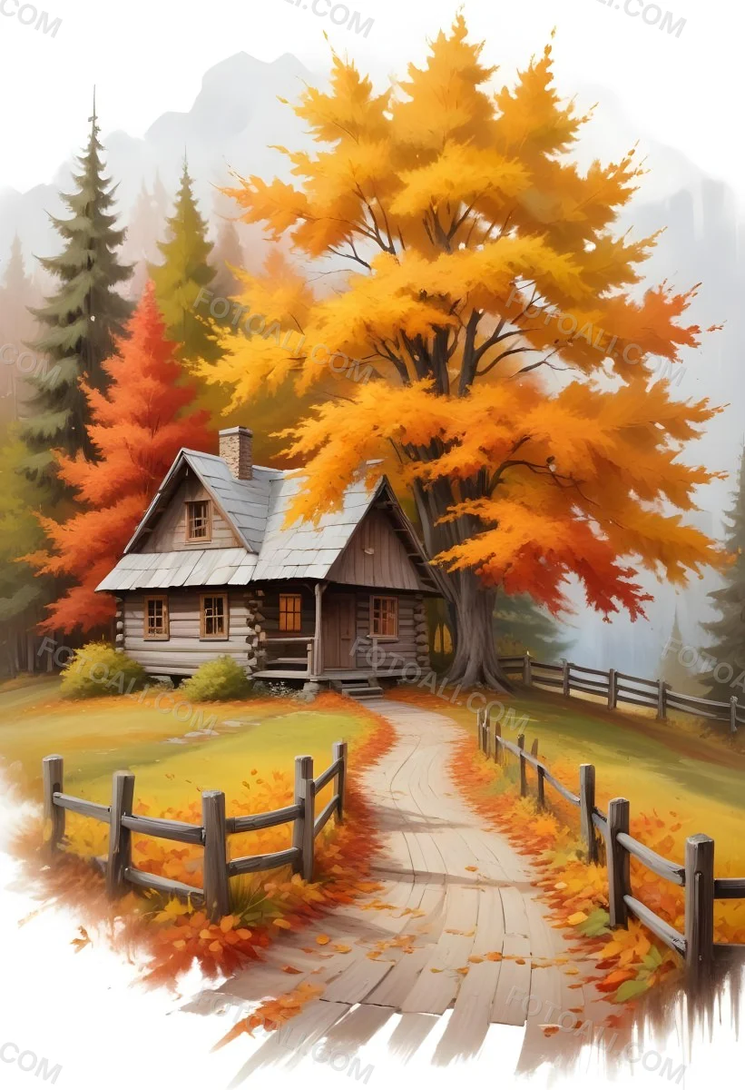 A Cozy Wooden Cabin Nestled Among Vibrant Autumn Trees With Orange And Yellow Leaves A Rustic Wooden Fence And A Winding Path Covered In Fallen Leaves 7 8367