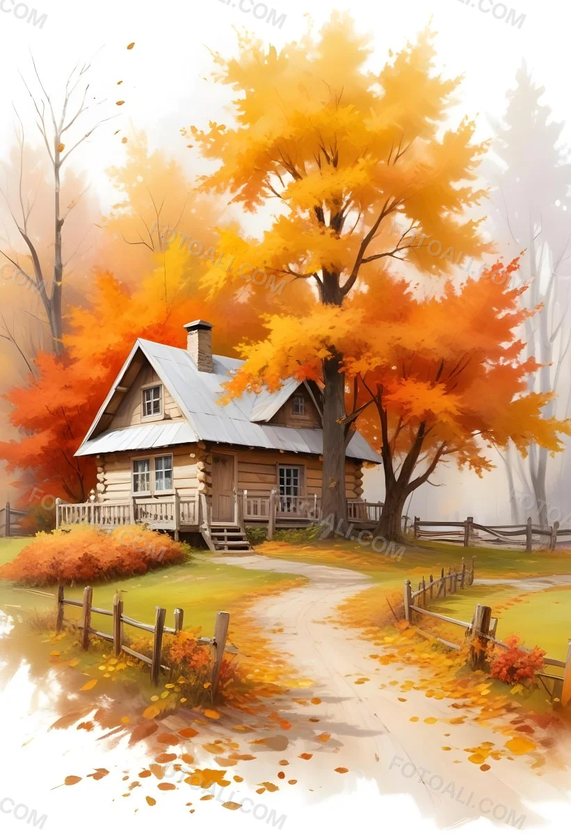 A Cozy Wooden Cabin Nestled Among Vibrant Autumn Trees With Orange And Yellow Leaves A Rustic Wooden Fence And A Winding Path Covered In Fallen Leaves 9 1ff1