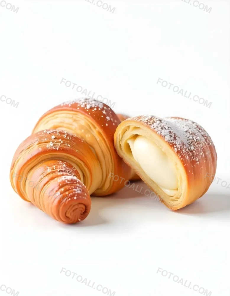 A Croissant And A Half Croissant Filled With Cream Both Covered With Sugar On A White Background 16 0fa4