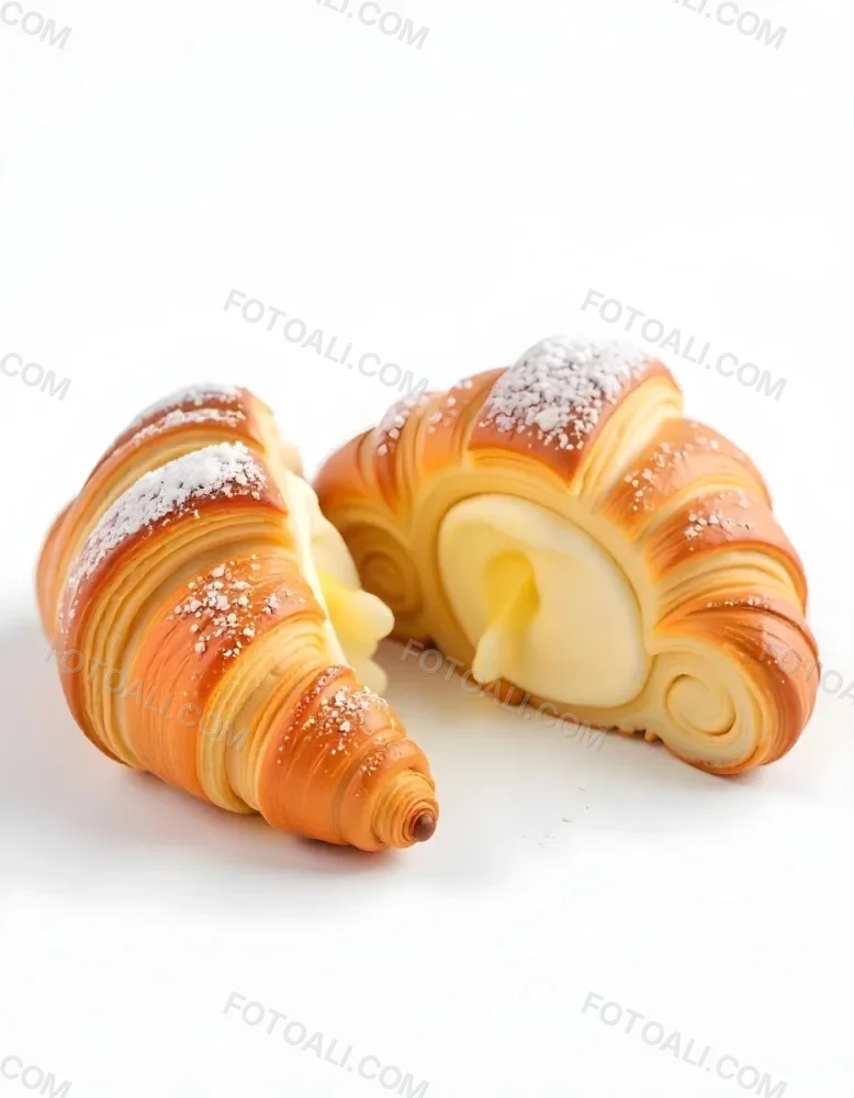 A Croissant And A Half Croissant Filled With Cream Both Covered With Sugar On A White Background 17 2963