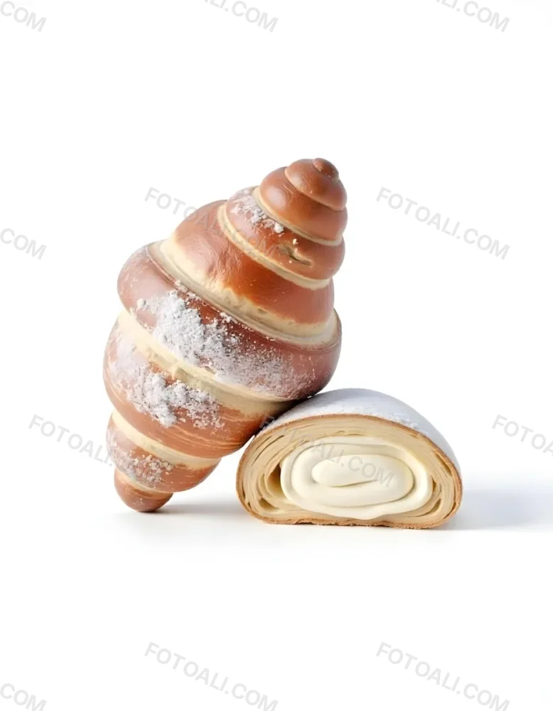 A Croissant And A Half Croissant Filled With Cream Both Covered With Sugar On A White Background 24 A098